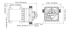 משאבת מים חשמלית 12V לקרוואן וכלי שייט משאבת דיאפרגמה למים מתוקים 4 מתאימות 18.9 ליטר/דקה לחץ אוויר 55psi דגם DP1-050-055-42 תוצרת SEAFLO