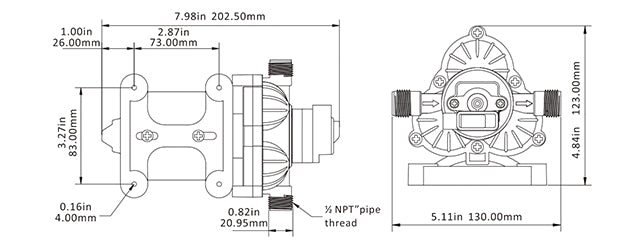 משאבת מים חשמלית 12V לקרוואן וכלי שייט משאבת דיאפרגמה למים מתוקים 3 מתאימות 11.3 ליטר/דקה לחץ אוויר 45psi דגם DP1-030-045-33 תוצרת SEAFLO 
