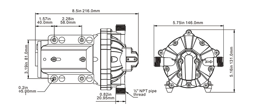 משאבת מים חשמלית 12V לקרוואן וכלי שייט משאבת דיאפרגמה למים מתוקים 5 מתאימות 18.9 ליטר/דקה לחץ אוויר 60psi דגם DP1-050-060-51 תוצרת SEAFLO 