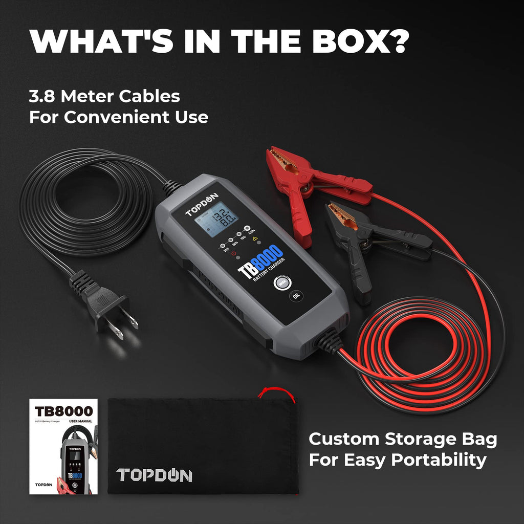 מטען חכם TOPDON TB8000 לטעינה ותיקון סוללות רכב 9 שלבים