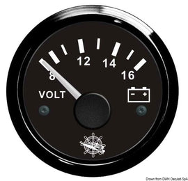 שעון וולטמטר מד מתח 12 ולט סולם מדידה 8/16V חוגה שחורה מסגרת שחורה דגם 27.320.14 תוצרת Osculati