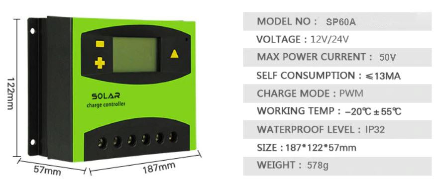 בקר טעינה סולארי 60 אמפר PWM ל-12V/24V זיהוי אוטומטי צג LCD ויציאת צרכן