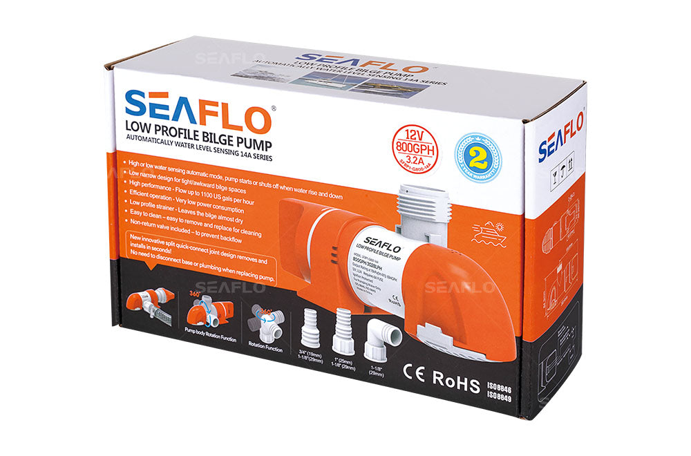 משאבת מים לחללים צרים ועמוקים עם חיישן גובה אלקטרוני 12V אוטומטית 800 גלון/שעה דגם BP1G800-14A תוצרת SEAFLO 