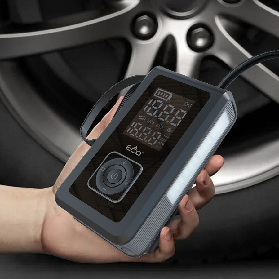 בוסטר התנעה לרכב 22,000mAh משולב קומפרסור אוויר מתאים להתנעה וטעינה לרכב בנזין / דיזל או אופנוע דגם ECO JS1000 תוצרת אקו ECO