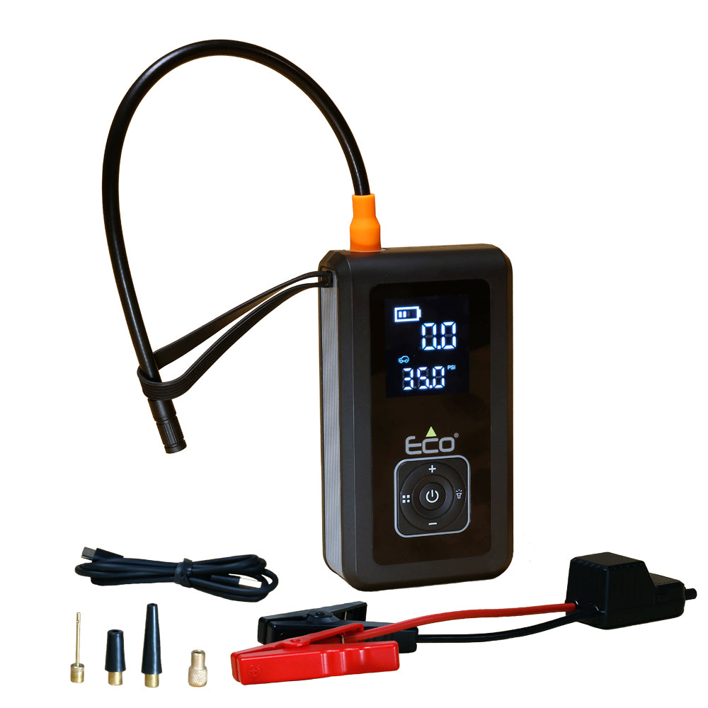 בוסטר התנעה לרכב 22,000mAh משולב קומפרסור אוויר מתאים להתנעה וטעינה לרכב בנזין / דיזל או אופנוע דגם ECO JS1000 תוצרת אקו ECO