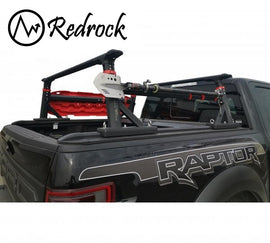 קשת העמסה לרכב פורד F350 אורך וגובה מתכוננים מוטות אלומיניום מחוזק שחור כולל גגון מוטות רוחב מובנה לתוספת העמסה על הקשת תוצרת רדרוק RedRock