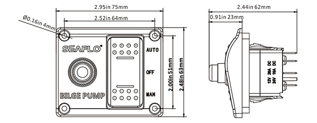 לוח מפסקים חשמלי 12V/24Vלמשאבת מים חשמלית בילג' 3 מצבי בקרה אוטומט/ידני/כבוי כולל מפסק בטוח דגם SFSP-015-02 תוצרת SEAFLO 