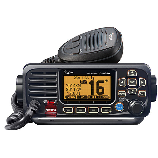 מכשיר קשר קבוע עם מקלט GPS מובנה ומשדר איתות מצוקה DSC Class D הספק 25W מוגן מים IPX7 דגם IC-M330G