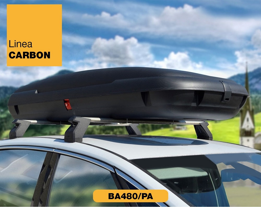תא חפצים לרכב 400 ליטר פתיחה דו צידית דגם BA400PADS במראה קרבון תוצרת איטליה שחור