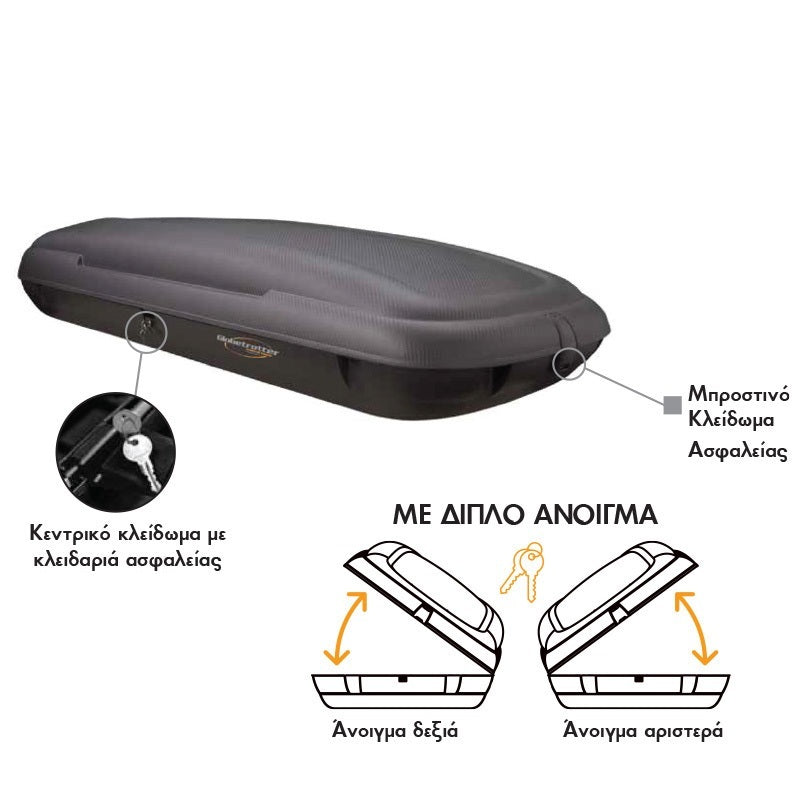 תא חפצים לרכב 400 ליטר פתיחה דו צידית דגם BA400PADS במראה קרבון תוצרת איטליה שחור
