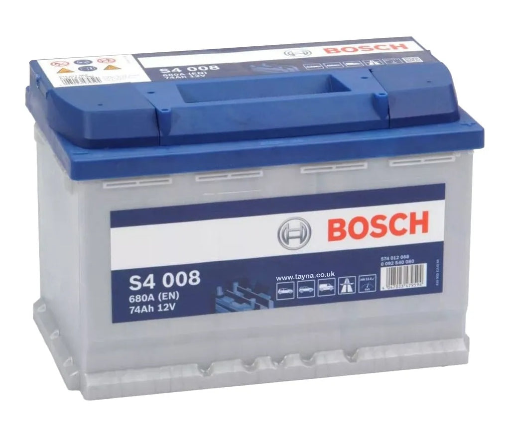 מצבר לרכב 74 אמפר 12 וולט דגם S4008 ימין תוצרת בוש BOSCH SILVER