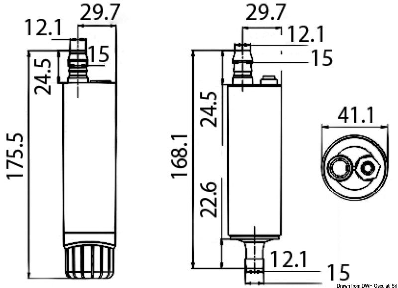 משאבה צנטריפוגלית טבולה 12V ספיקה 18 ליטר/דקה Head 10 מטר מחבר צינור 12 מ״מ דגם 16.105.13 תוצרת Osculati