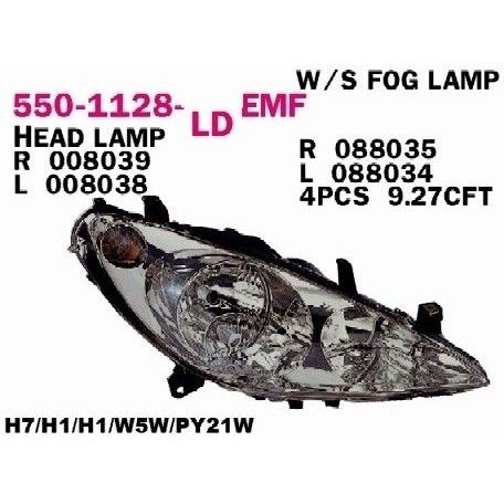 פנס ראשי שמאלי DEPO לפיג'ו 307 2003-2007 P307 +ערפל+מנוע מק"ט DEP5501128FL