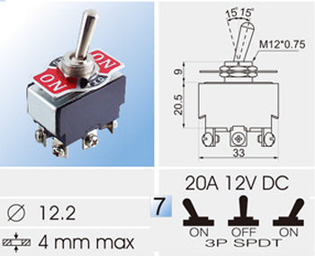 מתג ON-OFF-ON טוגל 12V-20A X6
